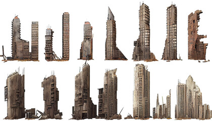 Ruined skyscrapers on isolated transparent background 