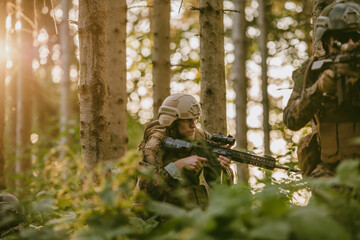 A group of modern warfare soldiers is fighting a war in dangerous remote forest areas. A group of soldiers is fighting on the enemy line with modern weapons. The concept of warfare and military