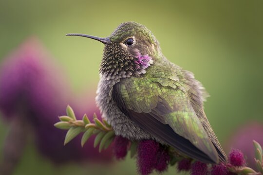Photograph of an Anna's Hummingbird in close up, against a hazy green background, while it feeds on nectar from a flower. Generative AI