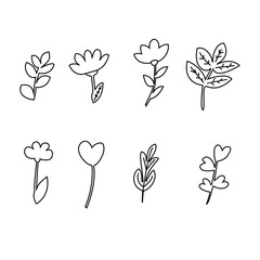 set of leaves, flower, twigs,painted foliage, vector, black-white botanical illustration,