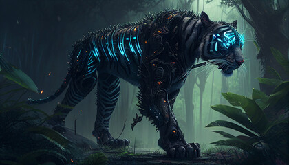 Cybernetic Wildlife: Black Tiger in a Futuristic Digital Forest. Cyberpunk Style Generative Ai