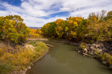 Autumn river landscape in sunny day. Location Elk Mountains, Colorado