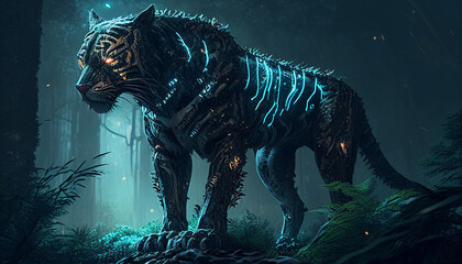 Futuristic Jungle Predator: Black Tiger in a Neon Forest. Cyberpunk Style Generative Ai