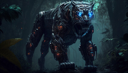 Cyber Tiger: Futuristic Wildlife in a Technological Forest. Cyberpunk Style Generative Ai