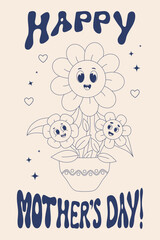 Retro trendy groovy daisy flowers power. Cute character flowerpot family mom with babys. Nostalgic poster Mothers Day. Vector Illustration. Monochrome palette.