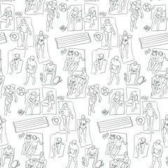 Vector pattern with people sunbathing on the beach in trendy flat style. A linear outline as a sketch on a white background. A small sketch for the background. printing on textiles and paper