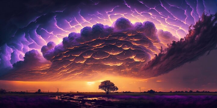 Photorealistic purple mammatus cloud over grass field , generative AI 