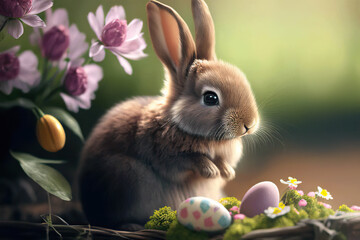 Fototapeta na wymiar Cute little Easter Bunny with Easter eggs and beautiful flowers on a green background, Easter, Generative AI