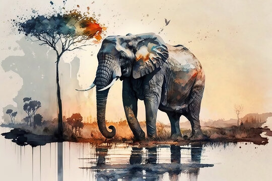 Big beautiful African elephant and tree, illustration of nature and animal life. Africa watercolor. Generative ai