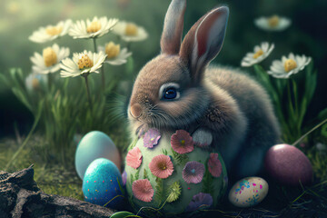 Cute little grey Easter Bunny with Easter eggs in the meadow with chamomiles, Easter, Generative AI