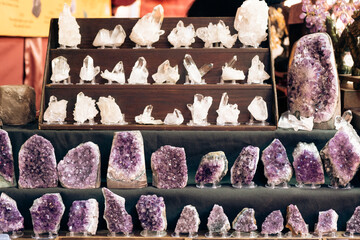 Mineral collection. Amethysts and quartz in an exhibition