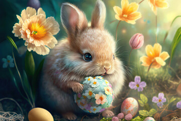 Cute tiny Easter Bunny with colorful Easter eggs in the meadow with beautiful spring flowers, Easter, Generative AI