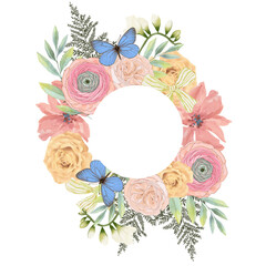 Wedding Wreath frame label banner border template l Flowers Bouquet, botanical illustration for greeting card, digital print, invitation, product design