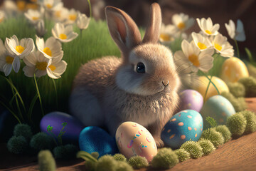 Cute little Easter Bunny with colorful Easter eggs in the green meadow with white flowers, Easter, Generative AI