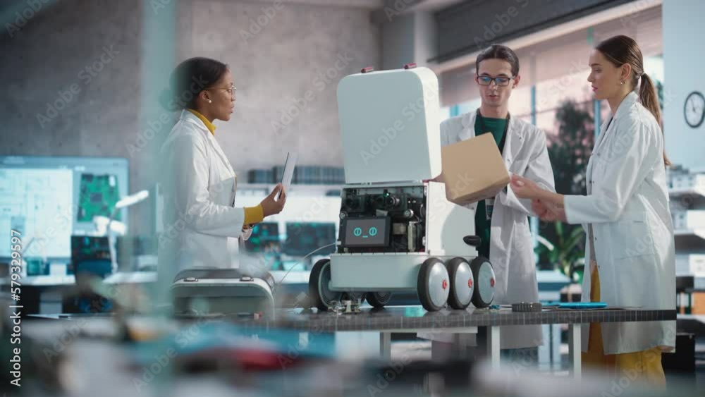 Poster Team of Industrial Specialists Working on Mobile Robot, Using a Laptop. Young Male and Female Engineers in a Lab Discussing an Automated AI Robotic Delivery Assistant, Brainstorming Improvement Ideas