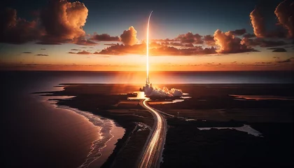 Fotobehang Earth's Spaceport: Stunning Night View of Shuttle Launch from Earth. Generative AI. © GustavsMD