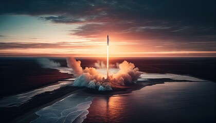 Earth's Spaceport: Stunning Night View of Shuttle Launch from Earth. Generative AI.