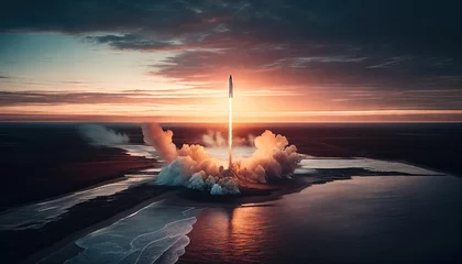Rolgordijnen Earth's Spaceport: Stunning Night View of Shuttle Launch from Earth. Generative AI. © GustavsMD