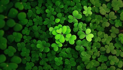Lucky Four Leaf Clover on Green Background for St. Patrick's Day. Generative AI.