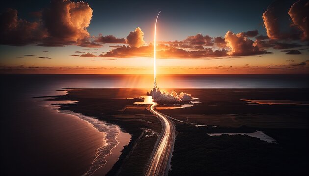 Earth's Spaceport: Stunning Night View of Shuttle Launch from Earth. Generative AI.