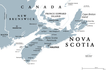 Nova Scotia, Maritime and Atlantic province of Canada, gray political map. Cape Breton Island and Nova Scotia Peninsula, with capital Halifax. Bordering on the Gulf of Maine and on the Atlantic Ocean.