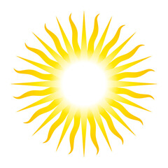Sun symbol with thirty two rays, analogue to the Sun of May, national emblem of Argentina and Uruguay. Radiant golden yellow solar disk with 16 straight and 16 wavy rays, isolated on white background.