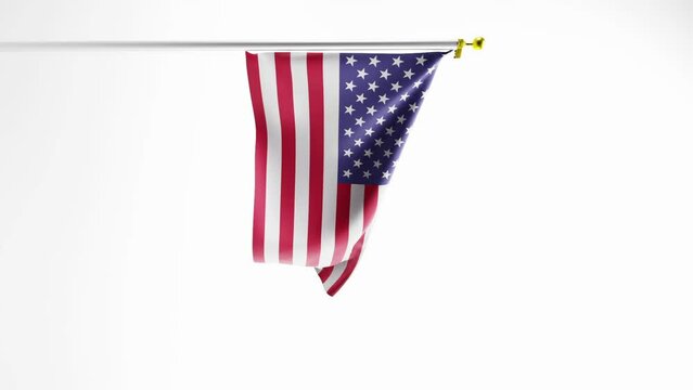 Red white and blue flag of the United States waving against white background; 3D vertical