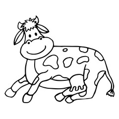 Hand drawn cow lying isolated on white background. Cute domestic animal