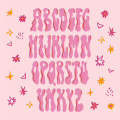 Funky rave groovy font from the 60s in psychedelic style. Vector modern cartoon alphabet
