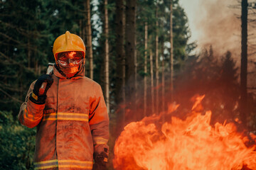 Naklejka premium Firefighter at job. Firefighter in dangerous forest areas surrounded by strong fire. Concept of the work of the fire service