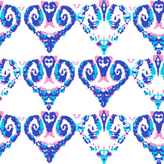 Fototapeta na wymiar Ethnic Vector Pattern. Bohemian Peacock Print. Geometric Ikat Seamless Design. Abstract Modern Batik. Fashion Retro Art. Vintage Ornament. Rhombus Watercolor Background. Indigo Blue and Red