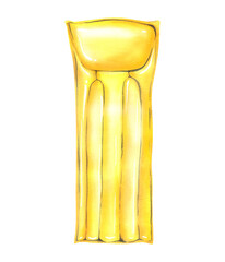 Inflatable, yellow mattress, raft for swimming. Watercolor illustration. Isolated object on white background from BEACH VACATION collection. For decoration and design of summer and beach.