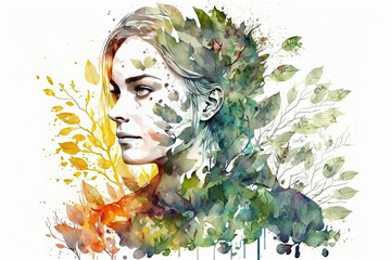 Double exposure portrait woman with a plants and leaves. Colorful creative illustration. Generative AI