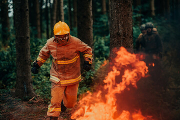 Obraz premium firefighter hero in action danger jumping over fire flame to rescue and save