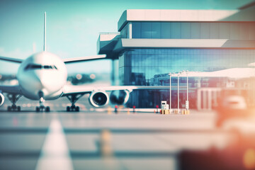 Blurred exterior of modern airport with airplanes. Abstract travel background. Generative AI