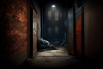 A dark alley with a person sleeping against a brick wall, with graffiti in the background.. Generative AI