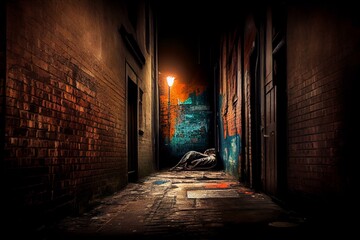 Obraz premium A dark alley with a person sleeping against a brick wall, with graffiti in the background.. Generative AI