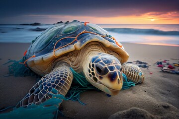A sea turtle entangled in plastic waste, with a trash-filled beach in the background.. Generative AI