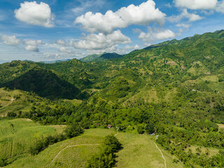 Farmland on the slopes of hills in the mountainous region view from above. Negros, Philippines