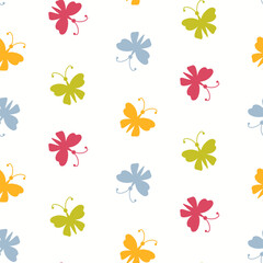 Obraz premium Seamless pattern of hand drawn colourful butterflies on isolated background. Design for mothers day, springtime, summertime, love and wedding celebration, scrapbooking, textile, home or nursery decor.