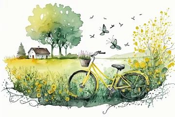 Rolgordijnen Bright landscape view with spring meadow, a bicycle, butterflies, and green grass. Generative AI © Gelpi