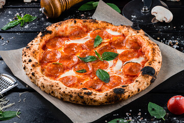 Italian pepperoni pizza with mozzarella, tomato sauce, spinach on thick dough from the oven. - 579332309