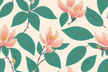 Magnolia figo flowers background. Seamless flat painting. Beautiful tribal generative ai art background