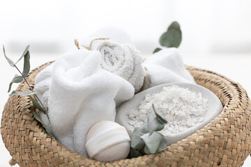 Spa composition with towels, bath bombs and sea salt.