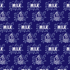 Seamless pattern with milk bottles and lettering isolated on blue background