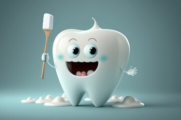 Cute happy cartoon tooth. Dental care. Generative AI