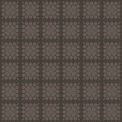 Vector geometric floral pattern. Retro vintage style abstract ornament texture with flower silhouettes, petals, leaves, grid. Elegant brown background. Stylish repeat geo design for home decor, fabric