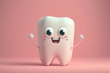 Cute happy cartoon tooth. Dental care. Generative AI