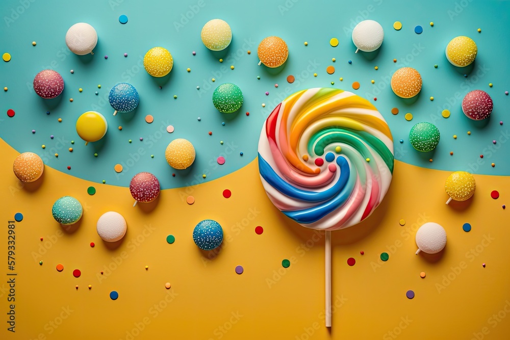 Canvas Prints a copy space surrounded by rainbow colored lollipops and a yellow background studded with glittering