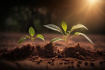 Seedlings in the dirt, lit by the sun. Tree planting as a means of mitigating climate change. Generative AI